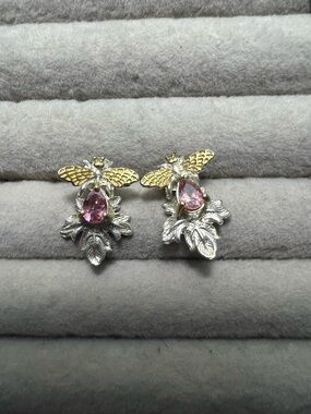 Pink Tourmaline Teardrop Bee Leaf Stud Earrings - Gold & Silver Tone
